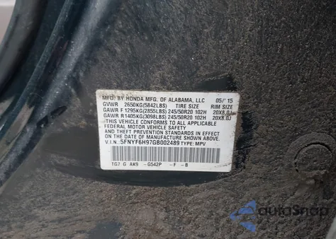 2016 Honda Pilot Touring from USA, damaged, VIN 5FNYF6H97GB002489